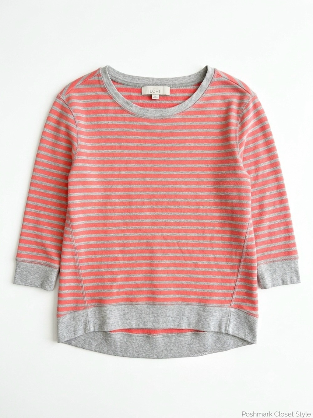 Ann Taylor LOFT Coral Pink & Gray Striped Scoopneck 3/4 sleeves Women Sz Medium